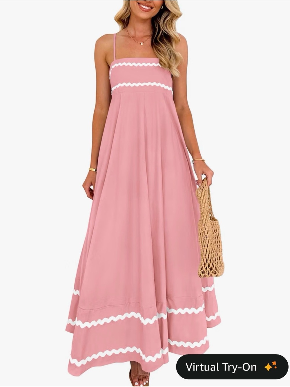 Women's Pink Spaghetti-Strap Maxi Dress with White Trim